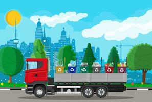 Truck transportation garbage. Car waste disposal. Can container for various garbage. Waste segregation sorting. Recycling and utilization equipment. Waste management. Vector illustration flat style