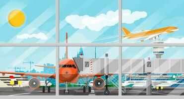 Plane before takeoff. Airport control tower, jetway, terminal building and parking area. Cityscape. Sky with clouds and sun. Vector illustration in flat style