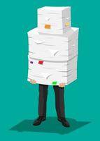 Stressed businessman holds pile of office papers and documents. Stress at work. Overworked. File folders. Carton boxes. Bureaucracy, paperwork. Vector illustration in flat style