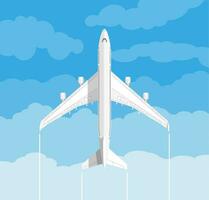 imagen de un blanco civil avión con nubes vector ilustración en plano diseño. viaje concepto