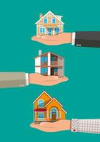 Businessman hand holding house. Real estate, sale or rent. Vector illustration in flat style