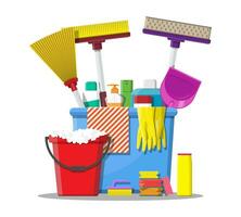 Bottle of detergent, sponge, soap and rubber gloves. Bucket, MOP, broom, dustpan. Accessories for washing dishes and house cleaning. Dishwashing. Vector illustration in flat style