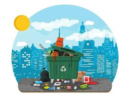 Plastic garbage bin full of trash. Overflowing garbage, food, rotten fruit, papers, containers and glass. Garbage recycling and utilization equipment. Waste management Vector illustration flat style