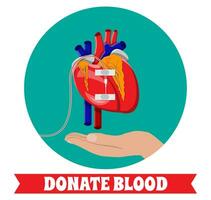 Hand of donor with heart. Blood donation day concept. Human donates blood. Vector illustration in flat style.