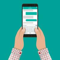manos sostiene teléfono inteligente con mensajería SMS aplicación vector ilustración en plano estilo