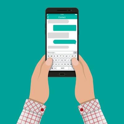 Hands holds smartphone with messaging sms app. Vector illustration in flat style