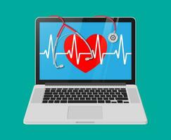 Laptop, heart shape with pulse line and stethoscope. Healthcare, medical diagnostics. Urgency emergency services. Internet, online, remote medicine concept. Vector illustration in flat style