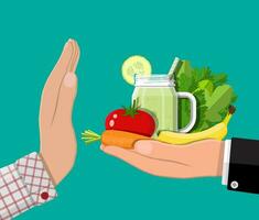 Man refuses take healthy food with hand gesture. Rejecting raw or veggie food. Tray of fresh and healthy vegetables, smoothie. Flat style vector illustration.