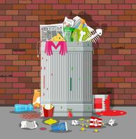 Steel garbage bin full of trash. Overflowing garbage, food, rotten fruit, papers,containers and glass. Garbage recycling and utilization equipment. Waste management Vector illustration in flat style