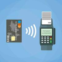 pos terminal confirma el pago por débito crédito tarjeta. vector ilustración en plano diseño en azul antecedentes. nfc pagos concepto