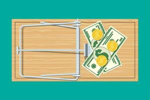 Wooden mouse trap with dollar banknotes and golden coins, classical spring loaded bar trap. Top view. Fraud, freebie, crime and lie. Vector illustration in flat style