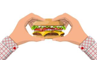 Tasty burger isolated in hands. Burger with onion, salted cucumber, salad, tomatoes, cheese, sauce, bun with sesame seeds and beef cutlet. Fast food. Vector illustration.