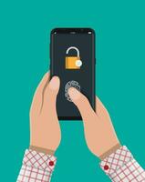 Locked smartphone with padlock and fingerprint button. Security, access via finger on mobile phone, user authorization, recognition of owner, login, protection. Vector illustration in flat style