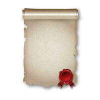 Antique historical paper scroll document with red wax seal. vector illustration