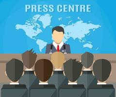 Press conference, world live tv news, interview. journalists on seats. vector illustration in flat style on blue background with world map