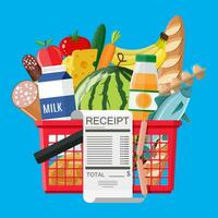 Plastic shopping basket full of groceries products and receipt. Grocery store. Supermarket. Fresh organic food and drinks. Vector illustration in flat style