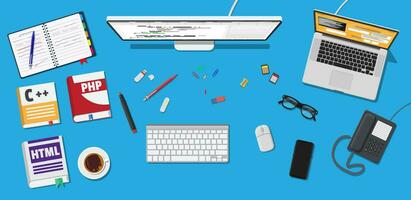 Workplace of programmer or coder. Desktop pc, laptop, books, phone, glasses. Software coding, programming languages, testing, debugging, web site, search engine seo Vector illustration in flat style