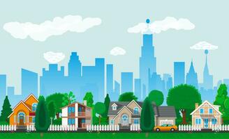 Private suburban houses with car, trees, road, sky and clouds. Cityscape. Vector illustration in flat style