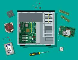 Motherboard, hard drive, cpu, fan, graphic card, memory, screwdriver and case. Assembling PC. Personal computer hardware. Vector illustration in flat style