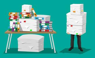 Businessman holds pile of office papers and documents.Documents and file folders on table. Office documents heap. Routine, bureaucracy, big data, paperwork, office. Vector illustration in flat style