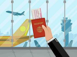 Man with passport and boarding pass waiting flight inside of airport with a plane, control tower, cityscape in background. Travel, vacation, Business trip concept. Vector illustration in flat design.