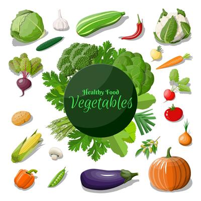 Big vegetable icon set. Onion, eggplant, cabbage, pepper, pumpkin, cucumber, tomato carrot and other vegetables. Organic healthy food. Vegetarian nutrition. Vector illustration in flat style
