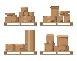 pila cartulina cajas en de madera paletas caja de cartón entrega embalaje abierto y cerrado caja con frágil señales. vector ilustración en plano estilo