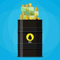 Stack of dollars and coins on oil barrel. oil industry. vector illustration in flat style on blue background