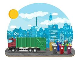 Truck for assembling, transportation garbage. Car waste disposal. Can container, bag and bucket for garbage. Recycling and utilization equipment. Urban cityscape. Vector illustration in flat style