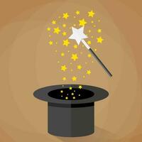 Magic hat and wand with sparkles and stars. vector illustration in flat design on brown background