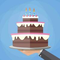 Cartoon hands holding chocolate layer cake decorated with three candles. vector illustration in flat design on blue background