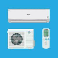 Air conditioner system. external and internal unit and remote control. vector illustration in flat style on blue background