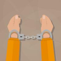 human hands in silver handcuffs. vector illustration in flat design on brown background