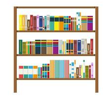 Library wooden book shelf. Bookcase with different books. Vector illustration in flat style