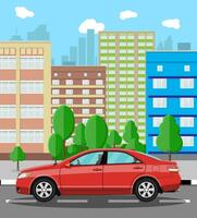 urbano paisaje urbano con rojo coche. vector ilustración en plano estilo