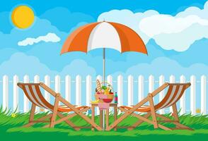 Sun lounger, umbrella, table with wIcker picnic basket full of products, wine, sausage, bacon and cheese, apple, tomato, cucumber, salad juice. Picnic in nature. Vector illustration in flat style