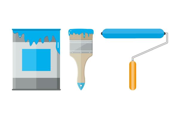 Metal tin can with paint, paintbrush and roller painter. vector illistration in flat style on blue background
