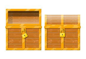 Opened and closed chest with padlock. Storage for gold and money. Wooden treasure box. Vector illustration in flat style