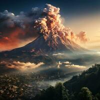 ai generado un activo volcán estalla y emite caliente nubes abajo a el pendientes de el montaña, causando cambios en el color de el nubes foto