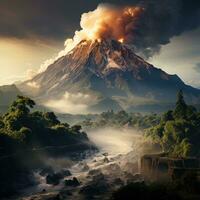 ai generado un activo volcán estalla y emite caliente nubes abajo a el pendientes de el montaña, causando cambios en el color de el nubes foto