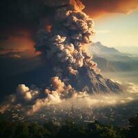 ai generado un activo volcán estalla y emite caliente nubes abajo a el pendientes de el montaña, causando cambios en el color de el nubes foto