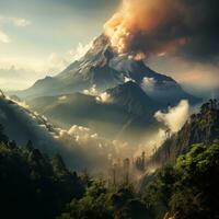 ai generado un activo volcán estalla y emite caliente nubes abajo a el pendientes de el montaña, causando cambios en el color de el nubes foto