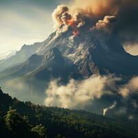 ai generado un activo volcán estalla y emite caliente nubes abajo a el pendientes de el montaña, causando cambios en el color de el nubes foto