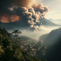 ai generado un activo volcán estalla y emite caliente nubes abajo a el pendientes de el montaña, causando cambios en el color de el nubes foto