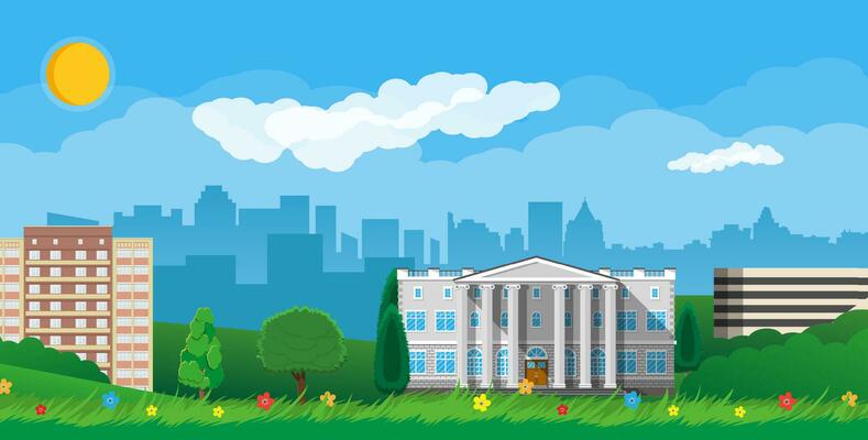 Modern city view. Cityscape with office and residental buildings, city park with trees and flowers, sky, sun and clouds. Vector illustration in flat style