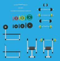 Barbell set. Rubber and metal weights, dumbbell and bench. Set of gym workout equipment, Fitness, healthy and sport lifestyle. Strength and bodybuilding training. Vector illustration flat style