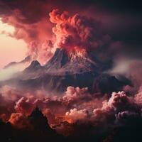 ai generado un activo volcán estalla y emite caliente nubes abajo a el pendientes de el montaña, causando cambios en el color de el nubes foto