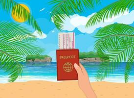 Passport and airplane ticket in hand. Landscape of palm tree on beach. Sun with reflection in water and clouds. Day in tropical place. Vacation and holidays. Vector illustration in flat style