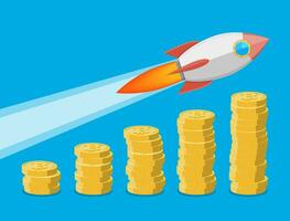 Stack of golden cryptocoins. Rocket flying up on coins growth chart. Money and finance. Digital currency. Virtual money, cryptocurrency and digital payment system. Vector illustration in flat style