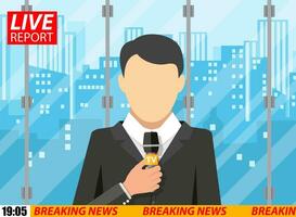 News reporter men with microphone in office building. cityscape background. breaking news. television. press. vector illustration in flat style